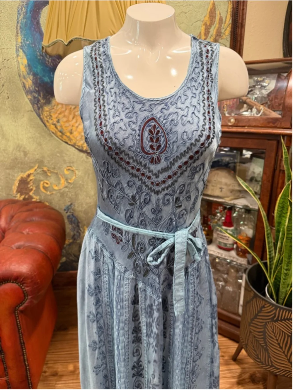 FABULOUS India Rayon Acid Wash Embroidered Maxi Dress Blue Boho Free Size (M)